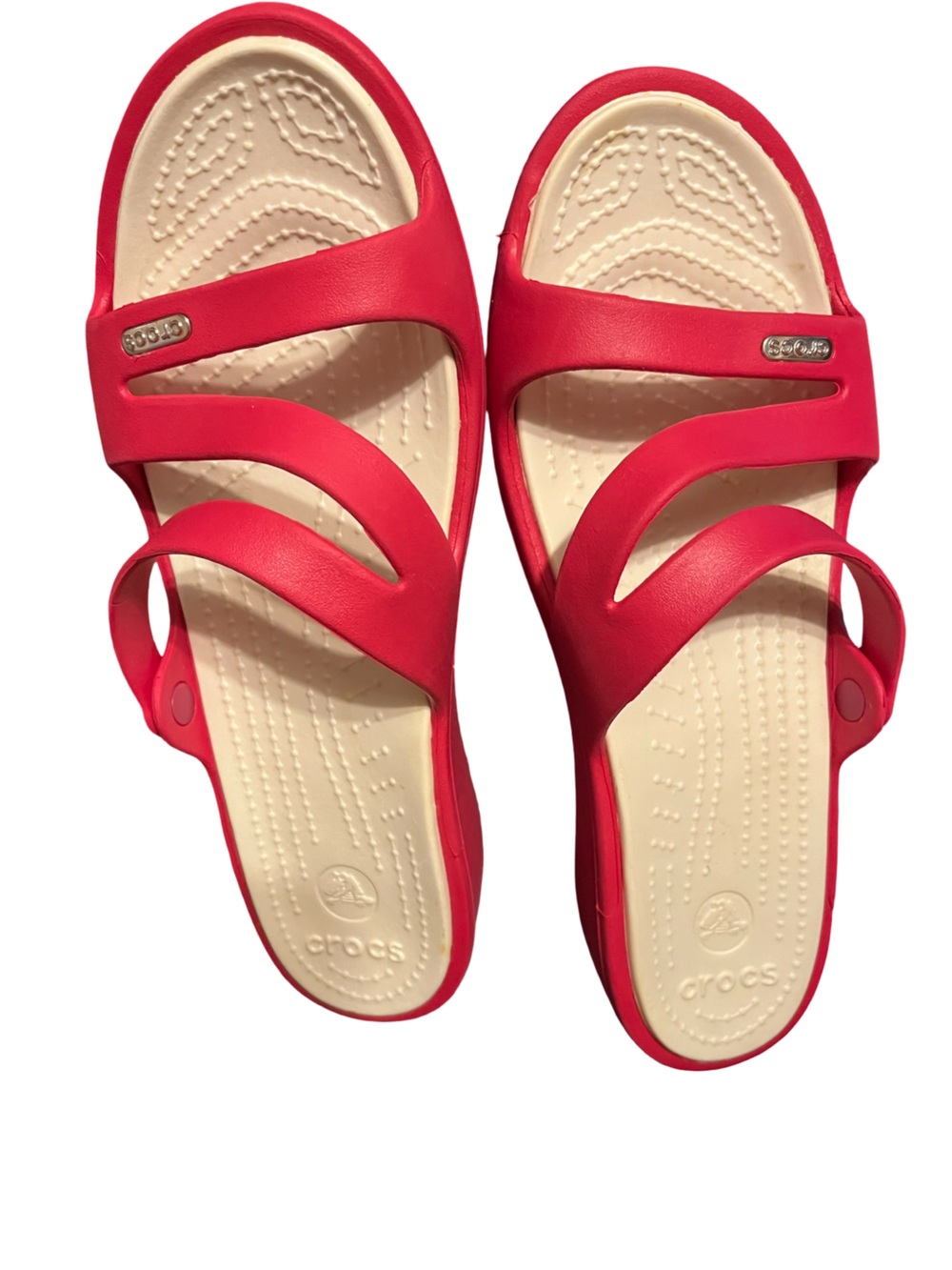 CROCS Women’s Raspberry and Cream Slide Sandals Sz 9